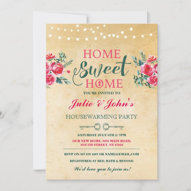 Convites A casa doce Home nova que aquece a chave floral (Frente)