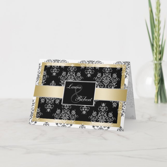 Convites A Casamentos tema damasco Pretos E Dourad (Frente)