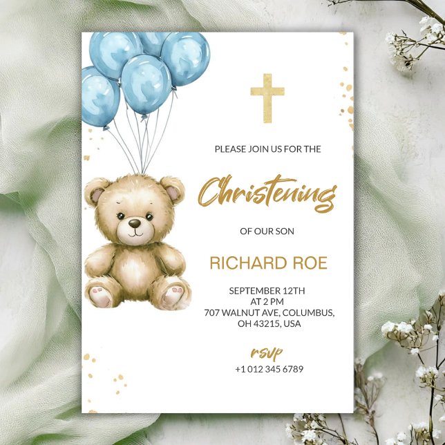 Convites A christening Invitation features a teddy bear (Criador carregado)