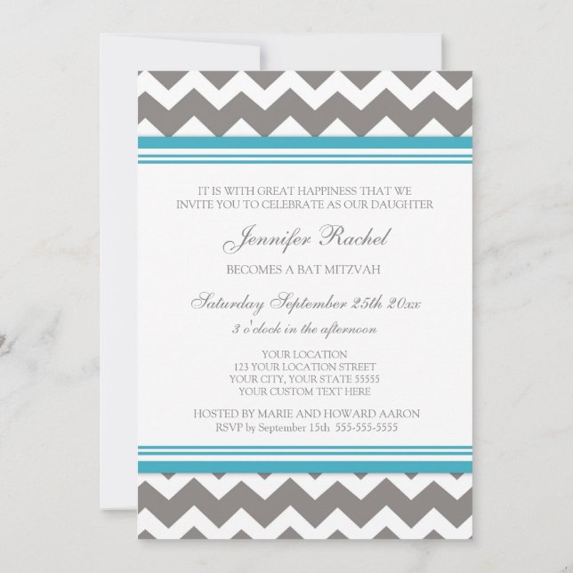Convites à Cinza Teal Chevron Bat Mitzvah (Verso)