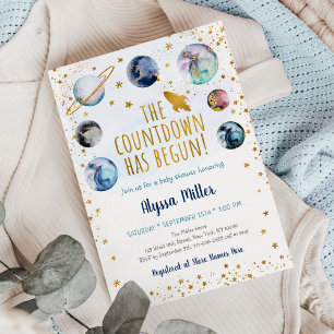 Convites A Contagem de Espaço Dourado Azul Começou o Chá de