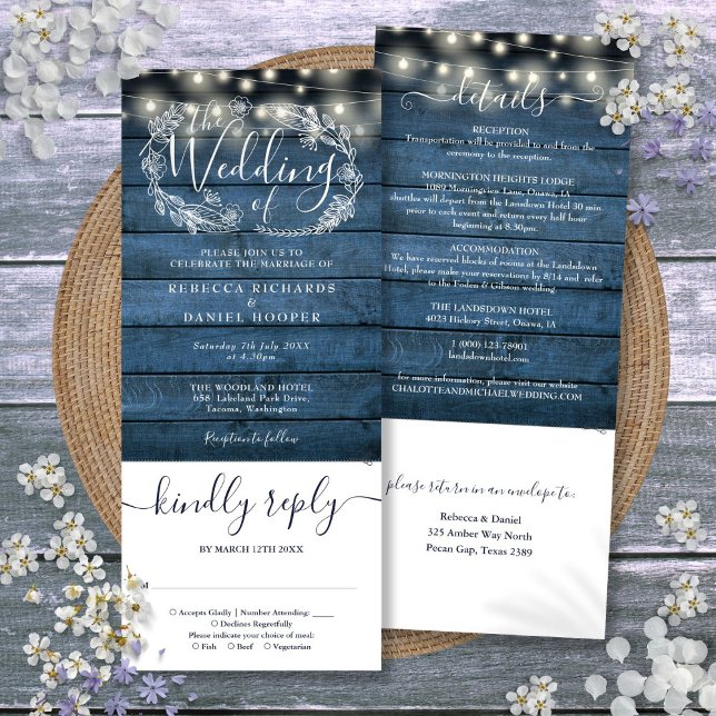 Convites A Corda De Madeira Rústica Azul Acende Tudo Em Um  (Blue Rustic Wood String Lights All In One Wedding Invitation)