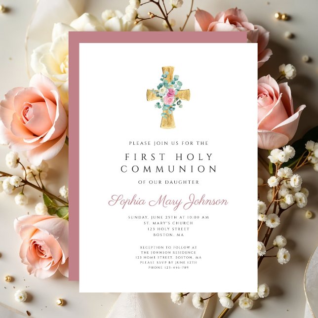Convites A Cruz Floral Rosa Elegante Primeira Comunhão Sant (Elegant Pink Floral Cross First Holy Communion Invitation)