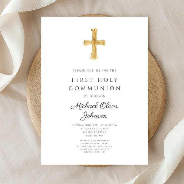 Convites A Cruz Religiosa Moderna Primeira Comunhão Sagrada (Modern Religious Cross First Holy Communion Invitation)