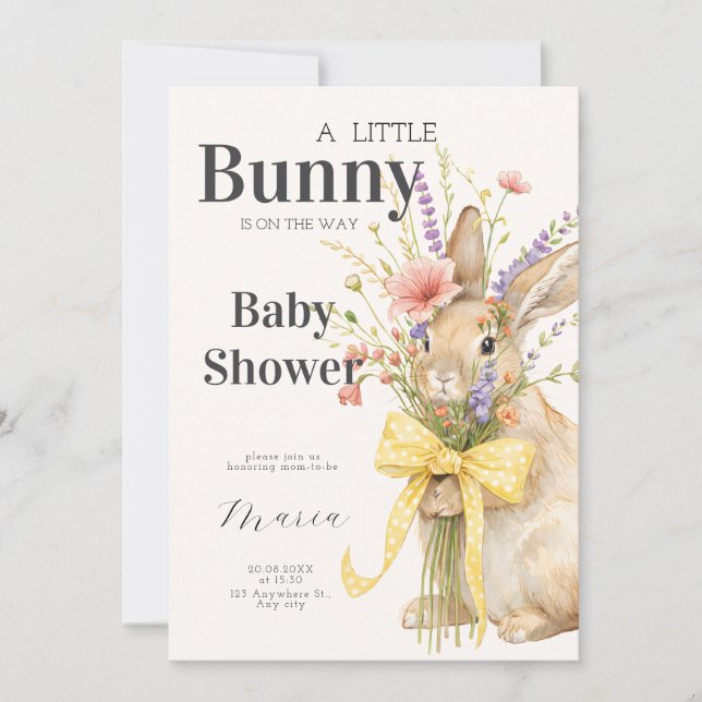Convites A cute little Floral Bunny Yellow Bow Baby Shower  (Frente)