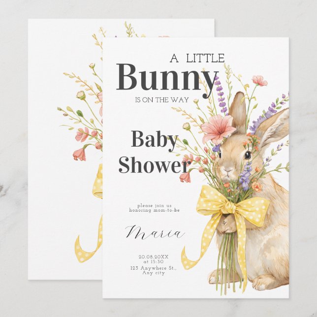 Convites A cute little Floral Bunny Yellow Bow Baby Shower  (Frente/Verso)