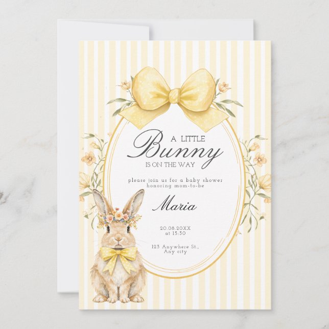 Convites A cute little Floral Bunny Yellow Bow Baby Shower  (Frente)