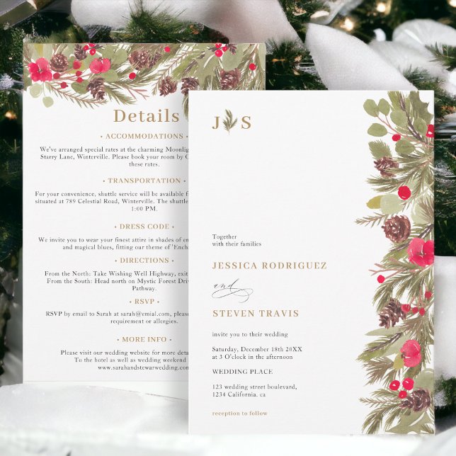 Convites A elegância do pinheiro de inverno, tudo em um Cas (Winter pine elegance initial all in one Wedding Invitation)