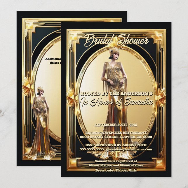 Convites A Excelente Gatsby Flapper Girl retro gold frame (Frente/Verso)