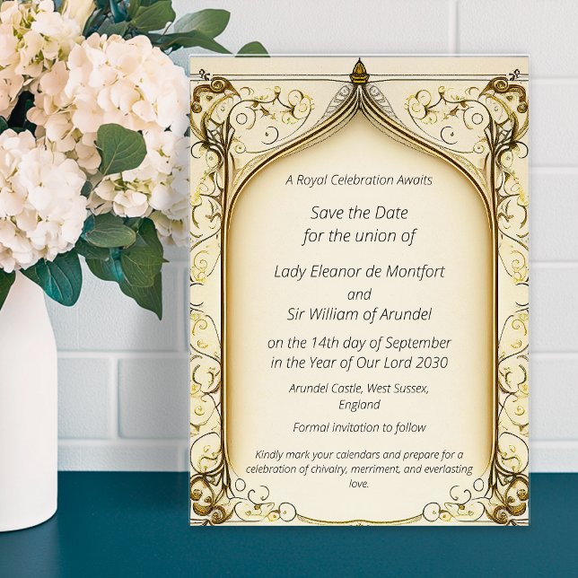 Convites A Fantasia Medieval Chegou Salva A Data (Medieval Fantasy Arched Save The Date Invitation)