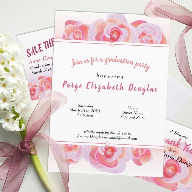 Convites à Festa de formatura de Rosa Rosa e Pêsse (dusty peach coral pink floral graduation party invitations for girl spring springtime)
