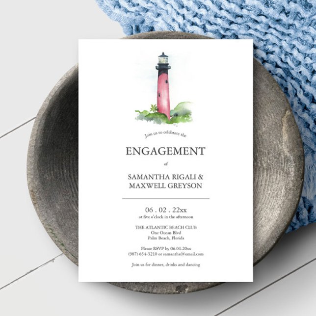 Convites à Festa de noivado de Farol Costeiro (Online engagement invitations feature unique nautical lighthouse art by Victoria Grigaliunas)