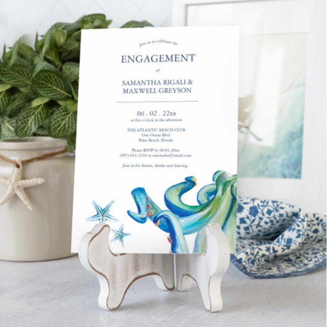 Convites à Festa de noivado Náutica Octopus Azul (Unique watercolor engagement invitations feature sea creatures art by Victoria Grigaliunas)