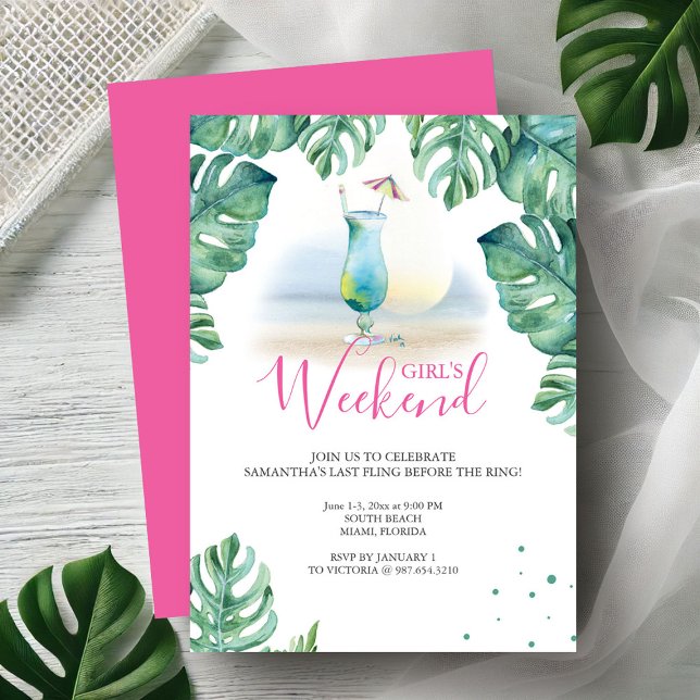Convites à Festa de solteira tropical (Bachelorette party invitations tropical watercolor cocktail & palm leaf art Victoria Grigaliunas)