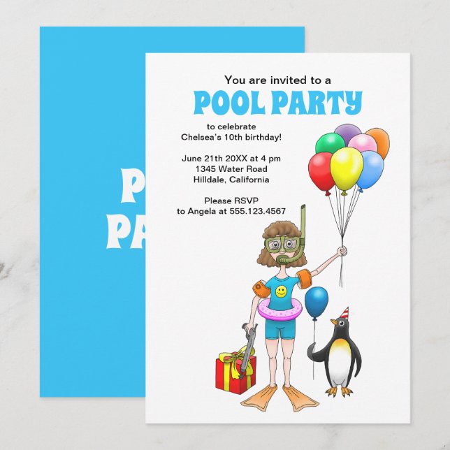 Convites A Festa na Piscina da Menina e do Pinguim (Frente/Verso)