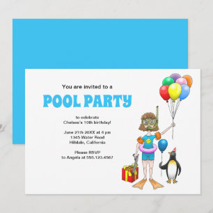Convites A Festa na Piscina da Menina e do Pinguim