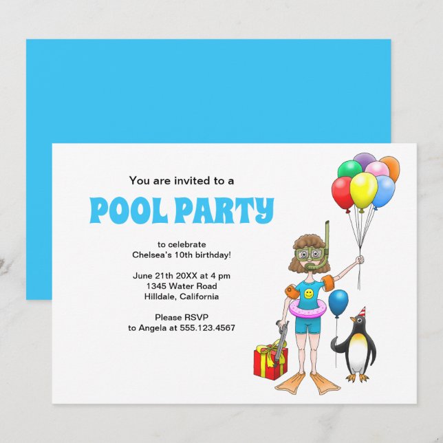 Convites A Festa na Piscina da Menina e do Pinguim (Frente/Verso)