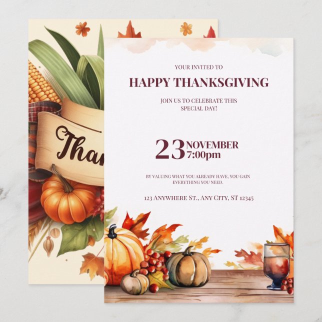 CONVITES A FESTIVE THANKSGIVING INVITATION WITH A PUMPKIN  (Frente/Verso)