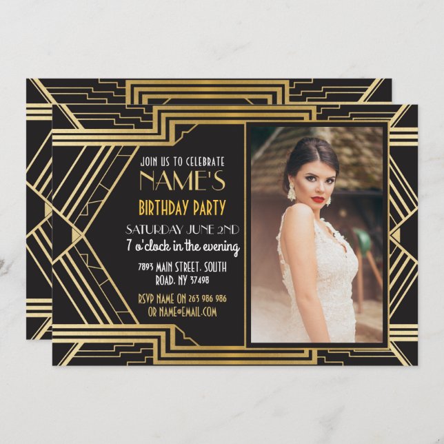 Convites a foto da festa de aniversário do art deco dos (Frente/Verso)