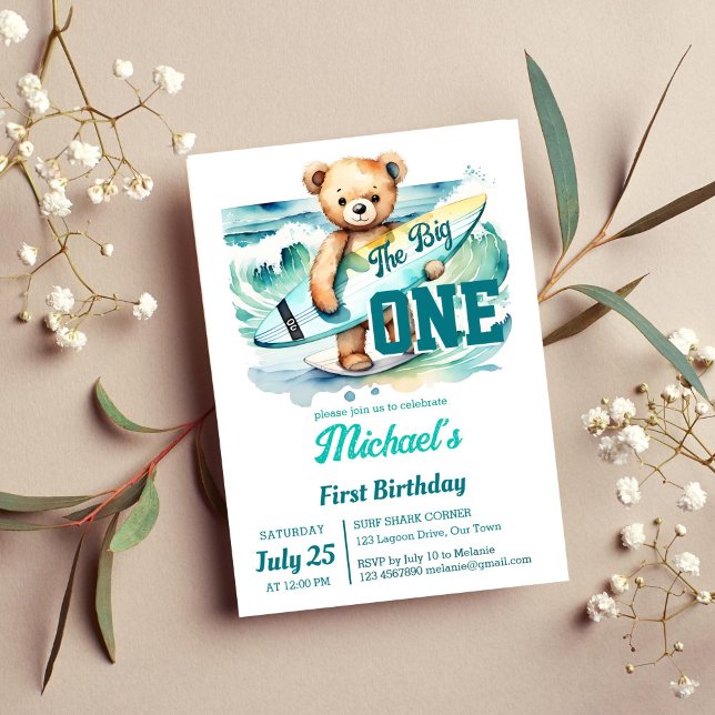 Convites A grande placa de surfe do ursinho de surfe da fes (The big one surfing ocean themed birthday party template invitation instant download surfer tedddy)