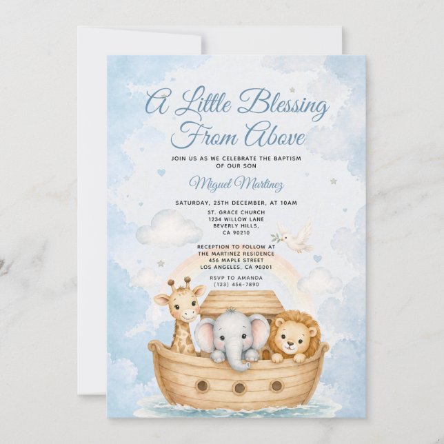 Convites A Little Blessing from Above Noah's Ark Baptism (Frente)