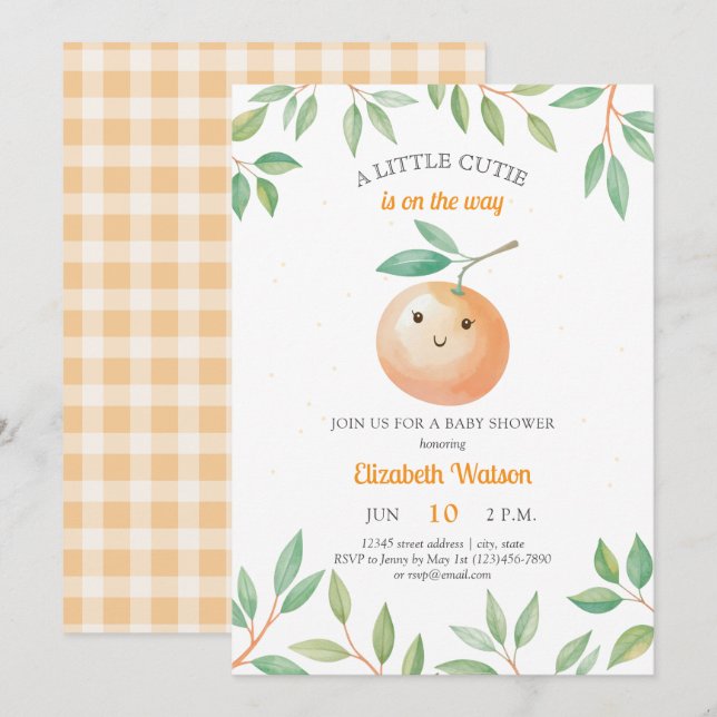 Convites A Little Cutie Orange Gingham Citrus Baby Shower (Frente/Verso)