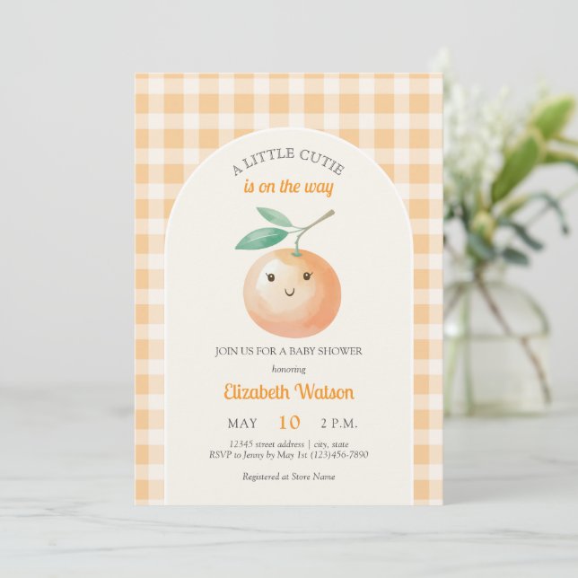 Convites A Little Cutie Orange Gingham Citrus Baby Shower (Em pé/Frente)