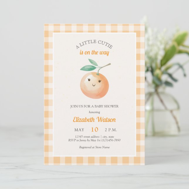 Convites A Little Cutie Orange Gingham Citrus Baby Shower (Em pé/Frente)