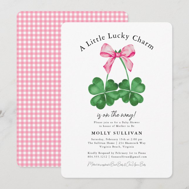 Convites A Little Lucky Charm Shamrock Coquette Bow  (Frente/Verso)