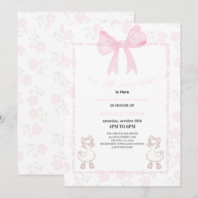 Convites A Little Lucky Duckie Pink Bow Floral Baby Shower (Frente/Verso)