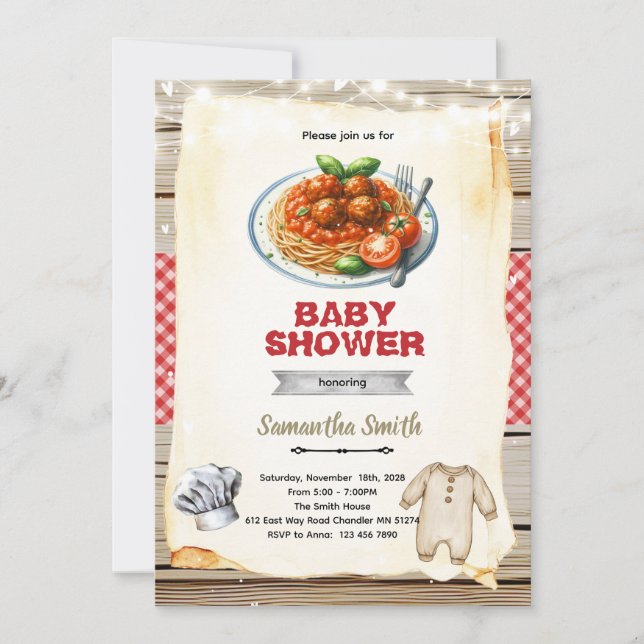 Convites A Little Meatball pasta Baby Shower Invitation (Frente)