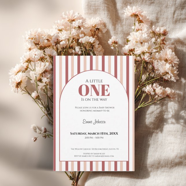 Convites A Little One • Blush Pink Baby Shower (A little one baby shower invitation with blush pink and red stripes)