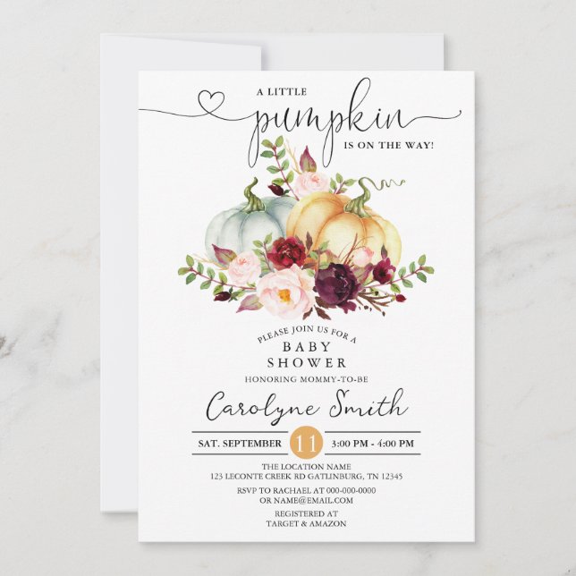 Convites A Little Pumpkin Fall Floral Baby Shower (Frente)