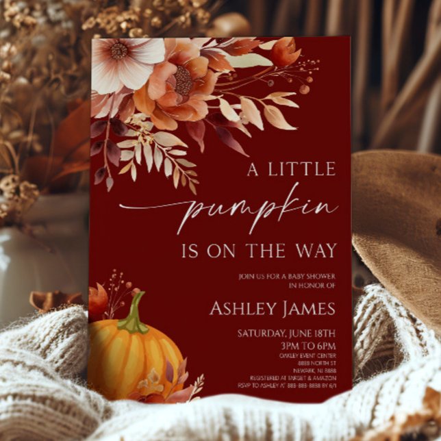 Convites A Little Pumpkin Rusty Burgundy Floral Baby Shower (Criador carregado)