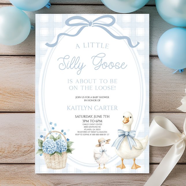 Convites A Little Silly Goose Blue Bow Floral Baby Shower (Criador carregado)