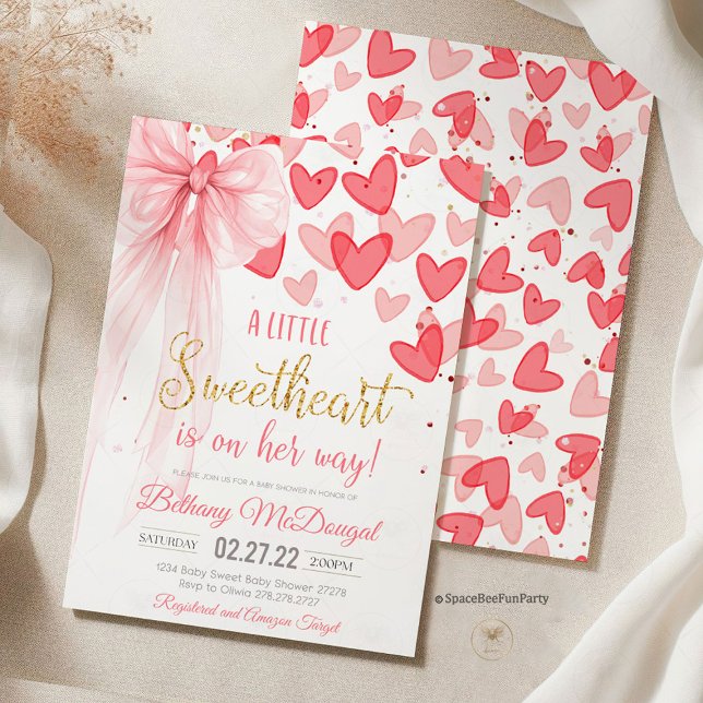Convites A Little Sweetheart Valentine Baby Is on her way  (sweetheart baby shower bow, valentine's  day ,baby shower invitation, birthday, valentine's party, h)