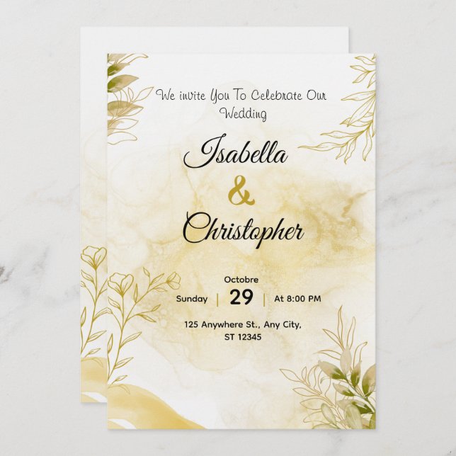 Convites A luxurious wedding invitation in elegant gold (Frente/Verso)