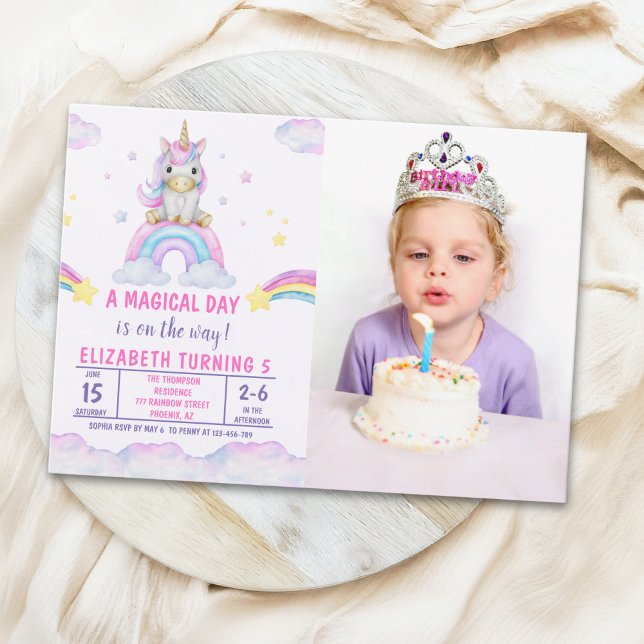 Convites A Magical Day Cute Unicorn Birthday Girl Photo (Criador carregado)