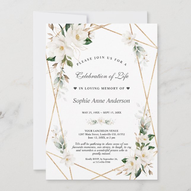 Convites A Magolia Branca Flói Dourada Celebração Da Vida (Frente)