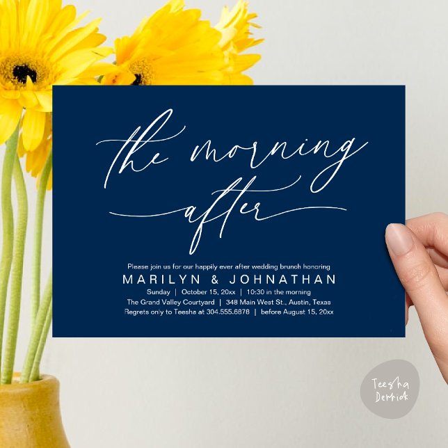 Convites A Manhã Após O Renascimento Moderno Do Casamento B (The Morning After Modern Romantic Post Wedding Elopement Brunch Invitation Card PDF in Navy Blue)
