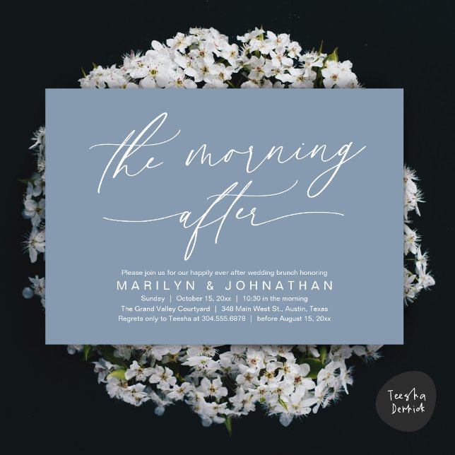 Convites A Manhã Após O Renascimento Moderno Do Casamento B (The Morning After Modern Romantic Post Wedding Elopement Brunch Invitation Card PDF in Dusty Blue)