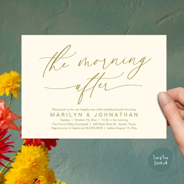 Convites A Manhã Após O Renascimento Moderno Do Casamento B (The Morning After Modern Romantic Post Wedding Elopement Brunch Invitation Card PDF in Yellow Gold)