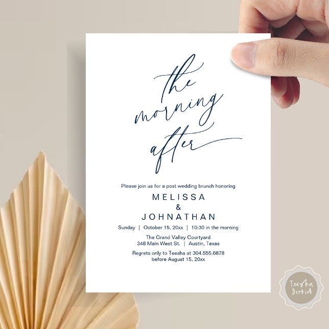 Convites A Manhã Depois, Brunch Romântico de Casamento (The Morning After Modern Romantic Post Wedding Elopement Brunch Invitation Card PDF in Navy Blue)