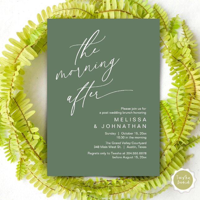 Convites A Manhã Depois, Felizmente Depois De Brunch (The Morning After Modern Romantic Post Wedding Elopement Brunch Invitation Card PDF in Sage Green)
