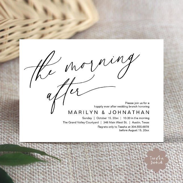 Convites A Manhã Depois, Felizmente Depois De Brunch (The Morning After Modern Romantic Post Wedding Elopement Brunch Invitation Card PDF in White Black)