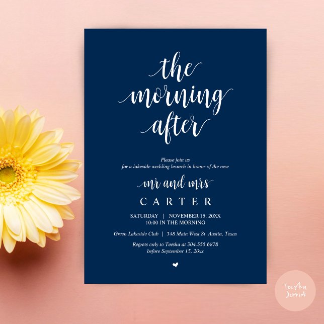 Convites A Manhã Depois, Postar a Celebração de Brunch (The Morning After, Modern Post Wedding Brunch Celebration Invitation Card, PDF, in Navy Blue)