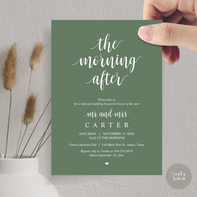 Convites A Manhã Depois, Postar a Celebração de Brunch (The Morning After, Modern Post Wedding Brunch Celebration Invitation Card, PDF, in Forest Sage Green)