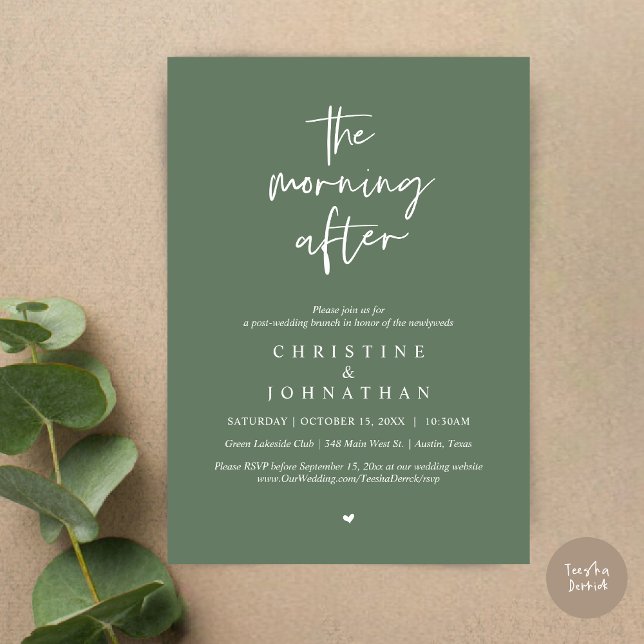 Convites A Manhã Depois, Poste Moderno Casamento Brunch (The Morning After, Modern Post wedding brunch invitation card, PDF, in Forest Sage Green)