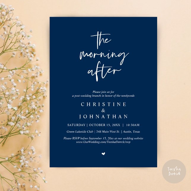 Convites A Manhã Depois, Poste Moderno Casamento Brunch (The Morning After, Modern Post wedding brunch invitation card, PDF, in Navy Blue)
