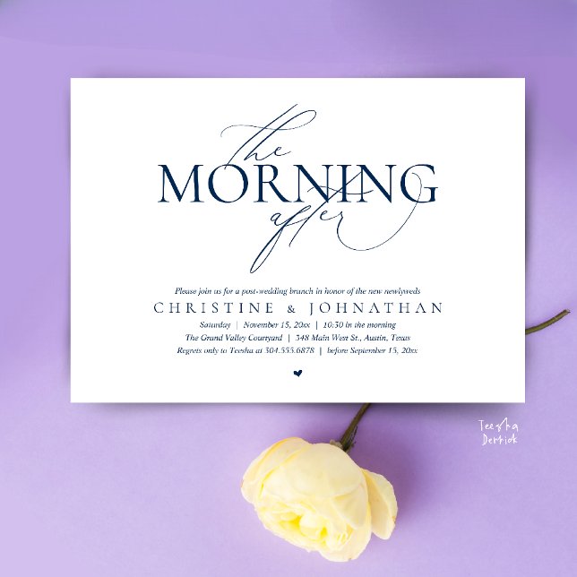 Convites A Manhã Seguinte, Brunch de Elopamento Pós-Casamen (The Morning After, Post Wedding Brunch Elopement Invitation Card in warm contemporary Navy Blue)
